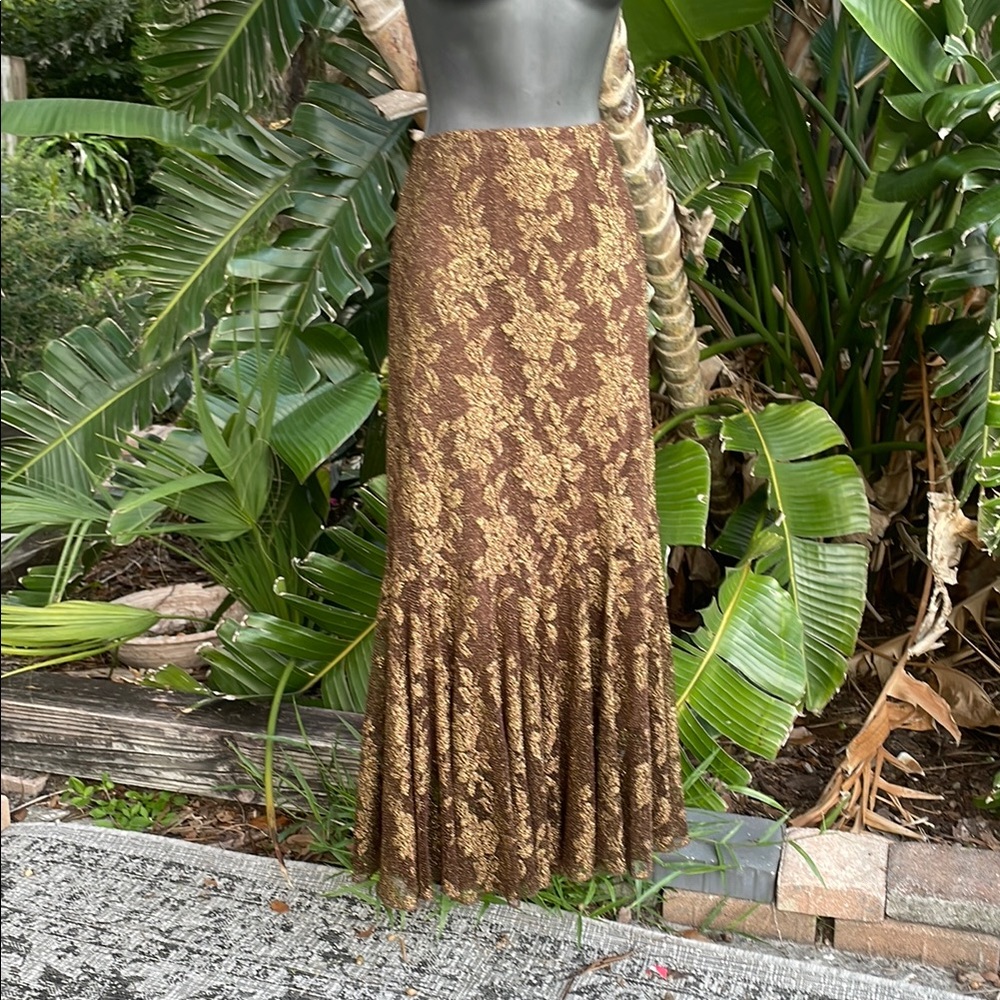 Bronze and brown floral lace trumpet maxi skirt